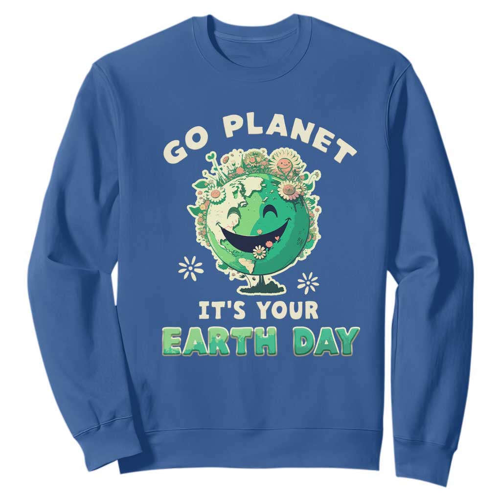 Earth Day Sweatshirt Go Planet It's Your Birthday Retro Groovy TS02 Royal Blue Printyourwear