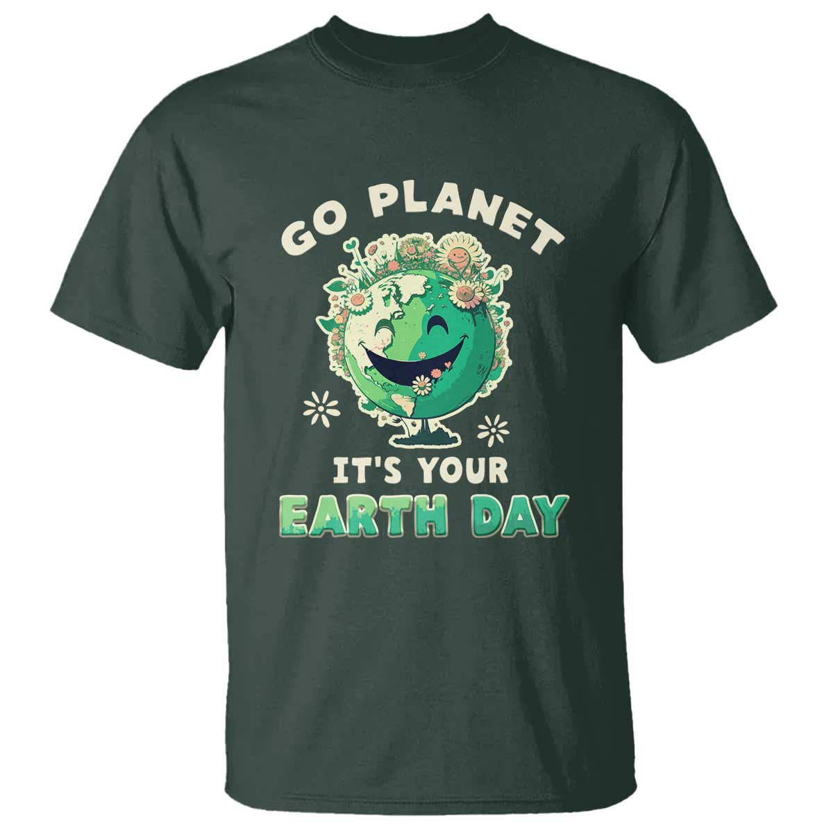 Earth Day T Shirt Go Planet It's Your Birthday Retro Groovy TS02 Dark Forest Green Printyourwear