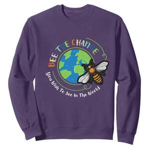 Earth Day Sweatshirt Bee The Change You Wish To See In The World Planet Honeybee TS02 Purple Printyourwear