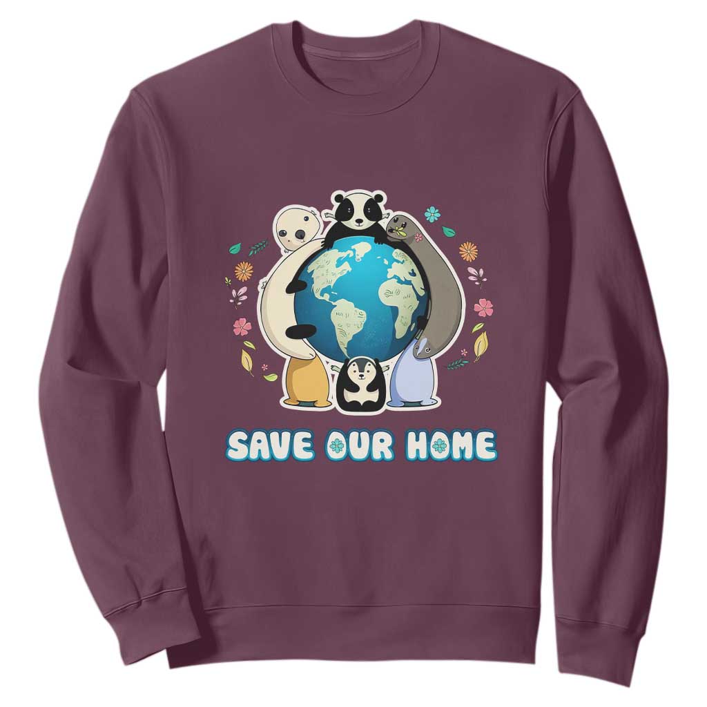 Earth Day Sweatshirt Wildlife Save Our Home Animals TS02 Maroon Printyourwear