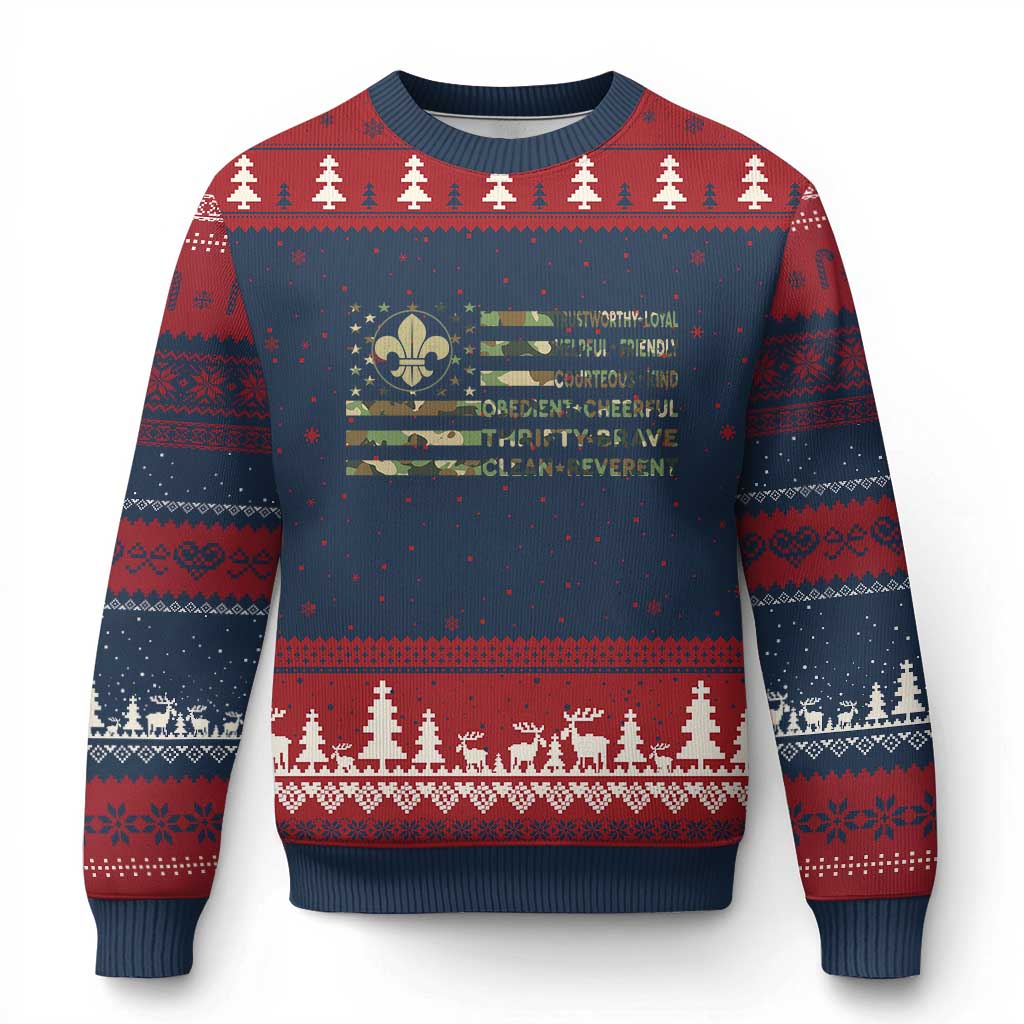 Scout Law Values Ugly Christmas Sweater American Camo Flag Retro Vintage TS02 Navy Red Print Your Wear