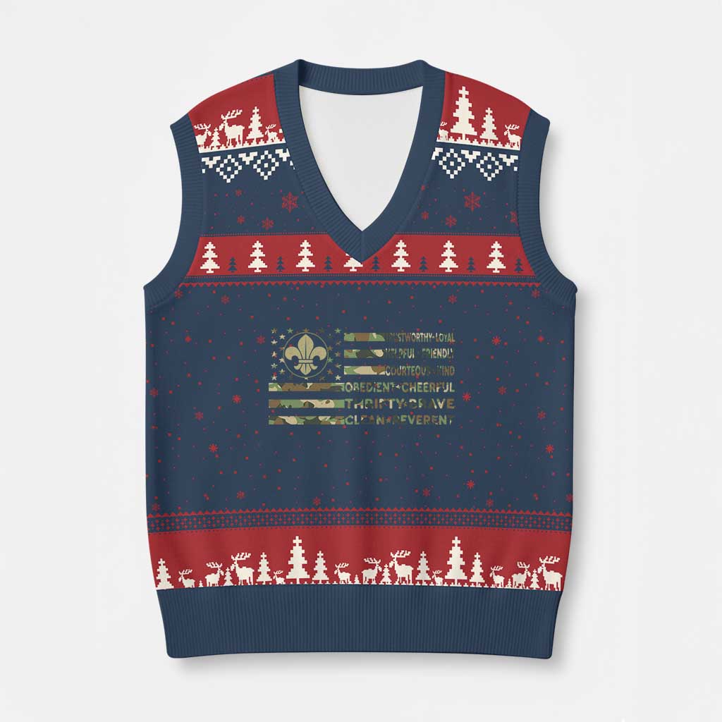 Scout Law Values V-Neck Knit Sweater Vest American Camo Flag Retro Vintage TS02 Navy Red Print Your Wear