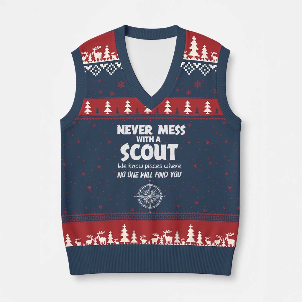 Funny Scout V-Neck Knit Sweater Vest Never Mess With A Scout Compass TS02 Navy Red Print Your Wear