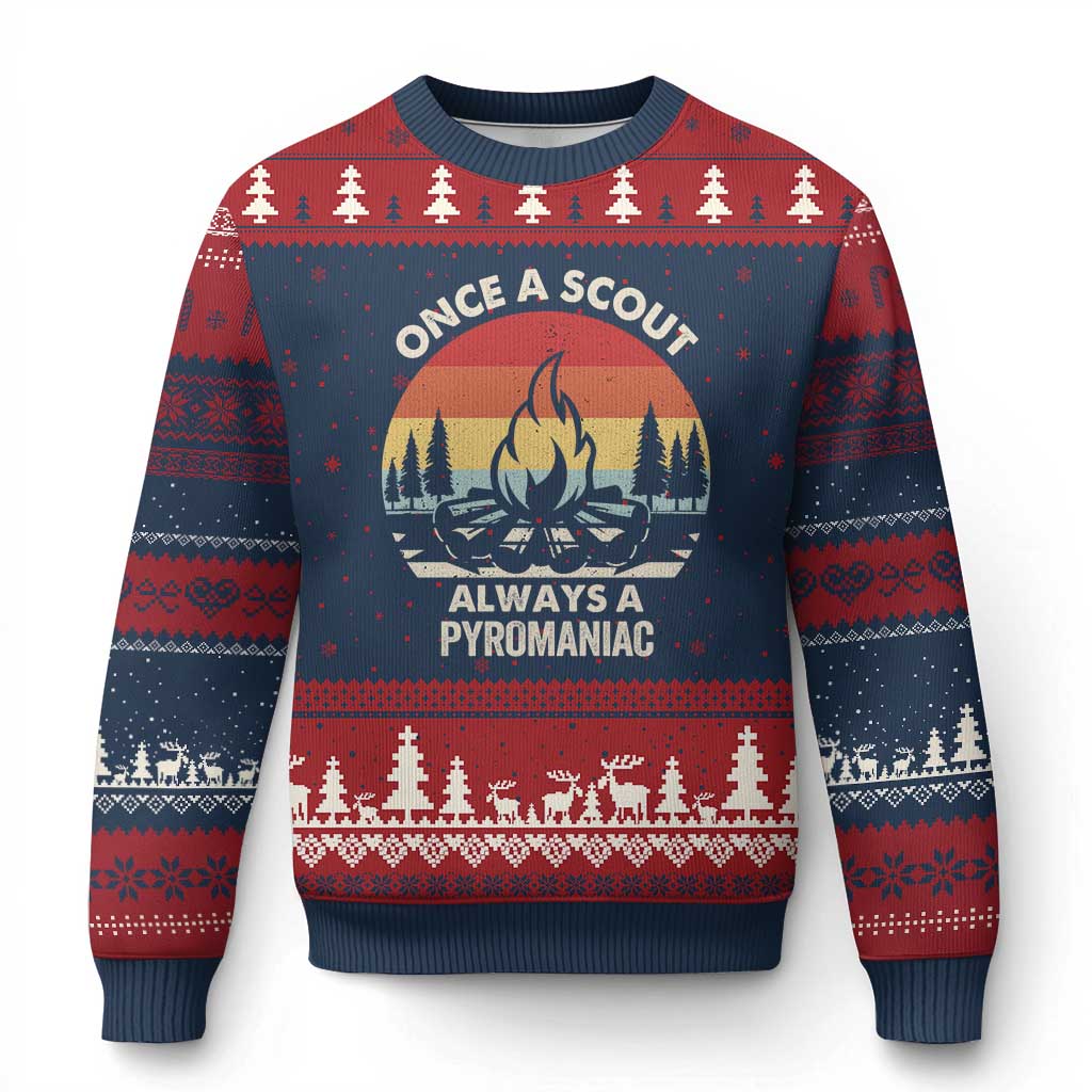 Funny Scout Ugly Christmas Sweater Once A Scout Always A Pyromaniac Adventure Retro TS02 Navy Red Print Your Wear