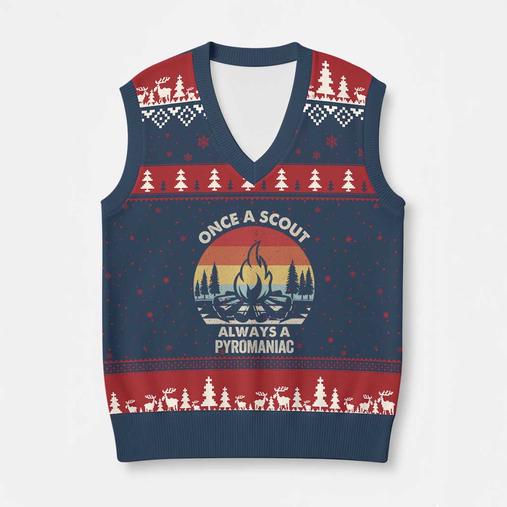 Funny Scout V-Neck Knit Sweater Vest Once A Scout Always A Pyromaniac Adventure Retro TS02 Navy Red Print Your Wear
