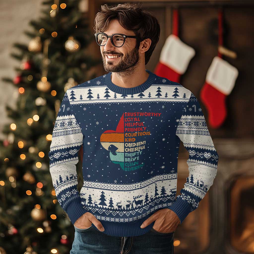 Retro Scout Law Values Ugly Christmas Sweater Vintage Fleur-de-Lis TS02 Navy Beige Print Your Wear