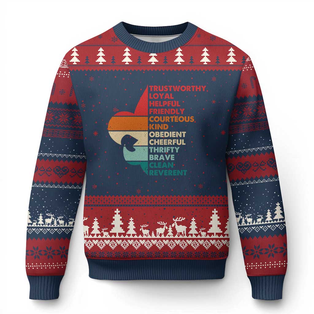 Retro Scout Law Values Ugly Christmas Sweater Vintage Fleur-de-Lis TS02 Navy Red Print Your Wear