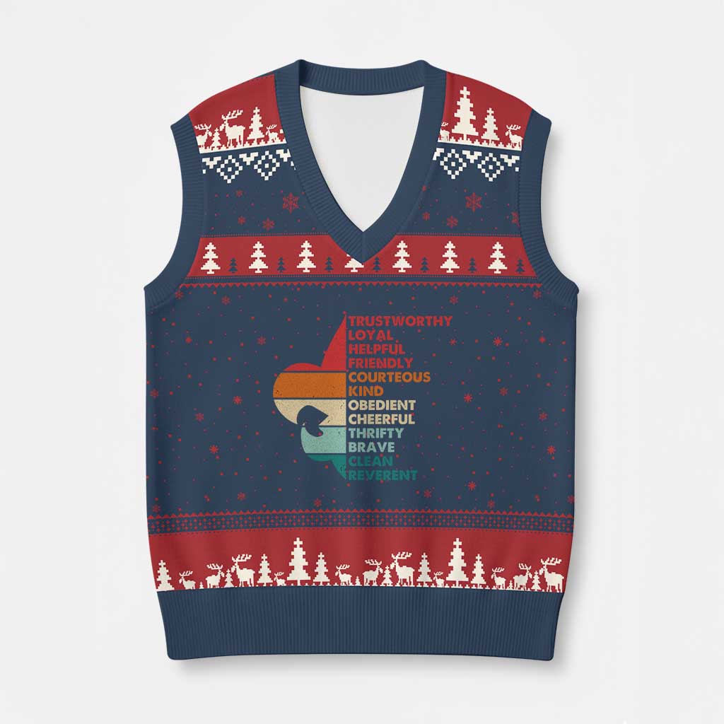 Retro Scout Law Values V-Neck Knit Sweater Vest Vintage Fleur-de-Lis TS02 Navy Red Print Your Wear