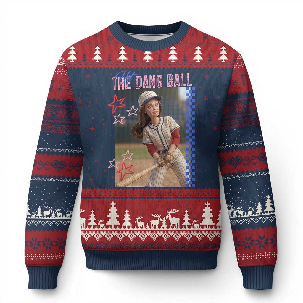 Hit The Dang Ball Funny Doll Baseball Graphic Ugly Christmas Sweater Sassy Sports Fan Gift TS02 Navy Red Print Your Wear
