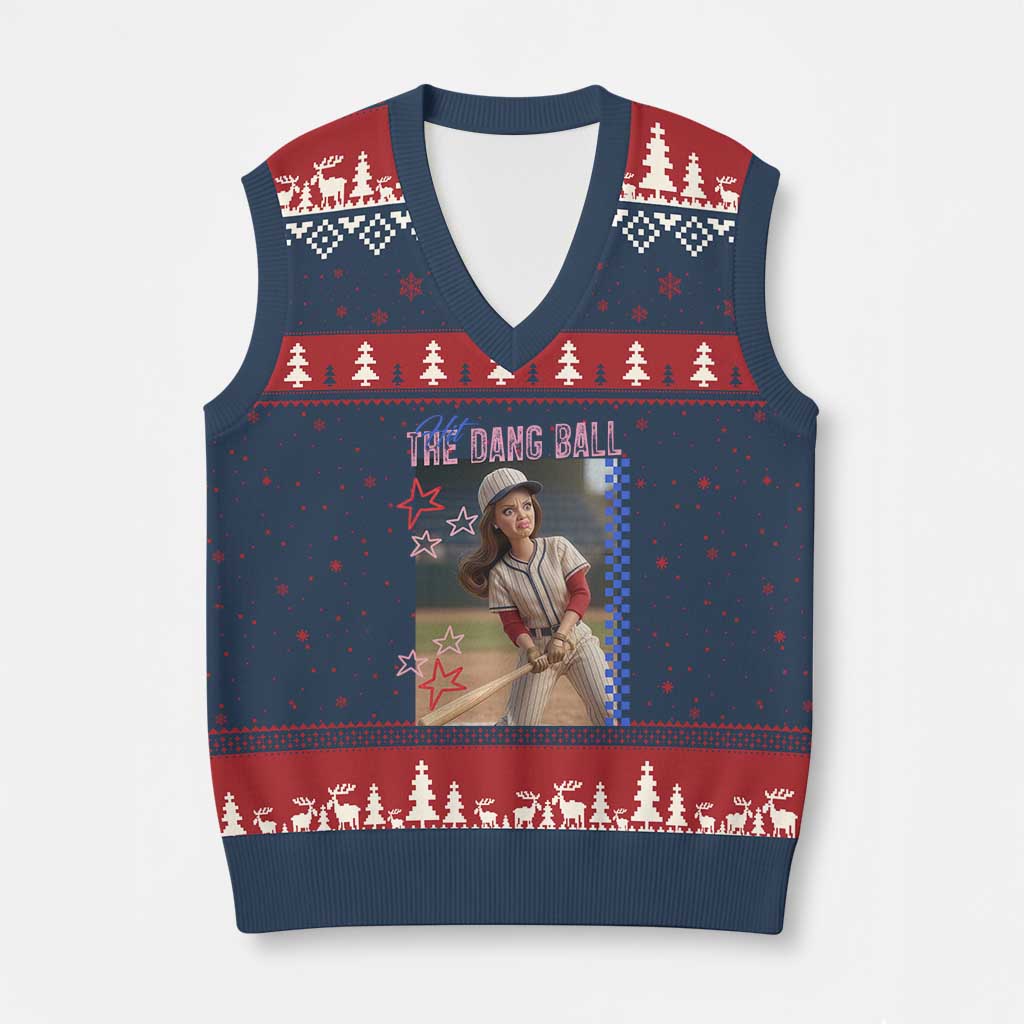 Hit The Dang Ball Funny Doll Baseball Graphic V-Neck Knit Sweater Vest Sassy Sports Fan Gift TS02 Navy Red Print Your Wear