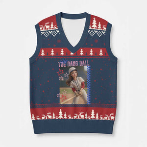Hit The Dang Ball Funny Doll Baseball Graphic V-Neck Knit Sweater Vest Sassy Sports Fan Gift TS02 Navy Red Print Your Wear