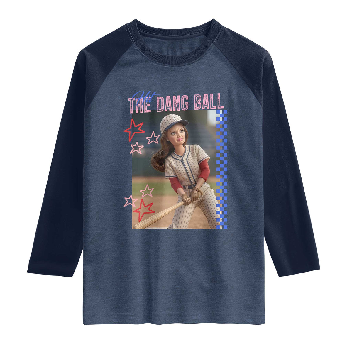 Hit The Dang Ball Funny Doll Baseball Graphic Raglan Shirt Sassy Sports Fan Gift TS02 Heather Denim Navy Print Your Wear