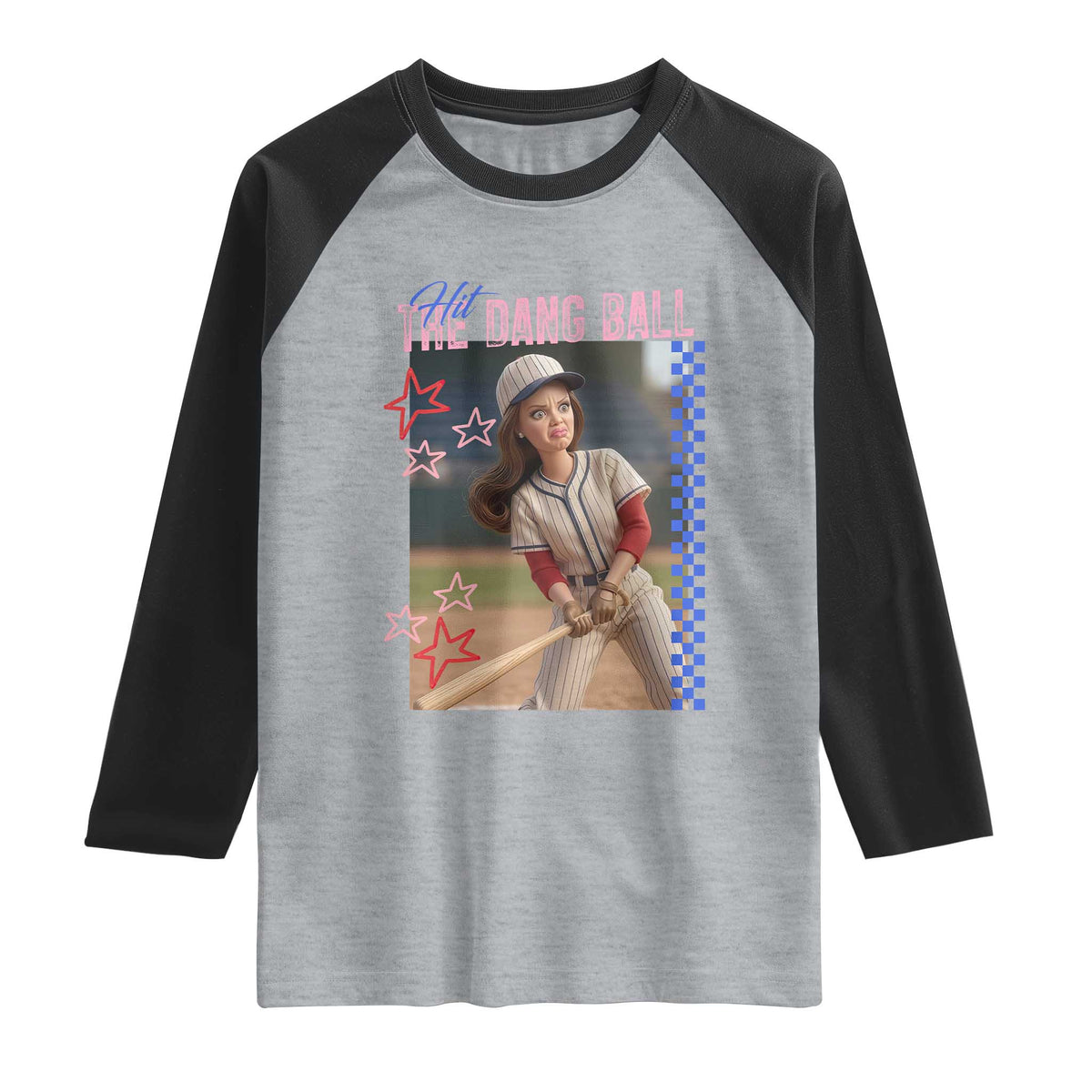 Hit The Dang Ball Funny Doll Baseball Graphic Raglan Shirt Sassy Sports Fan Gift TS02 Heather Gray Black Print Your Wear