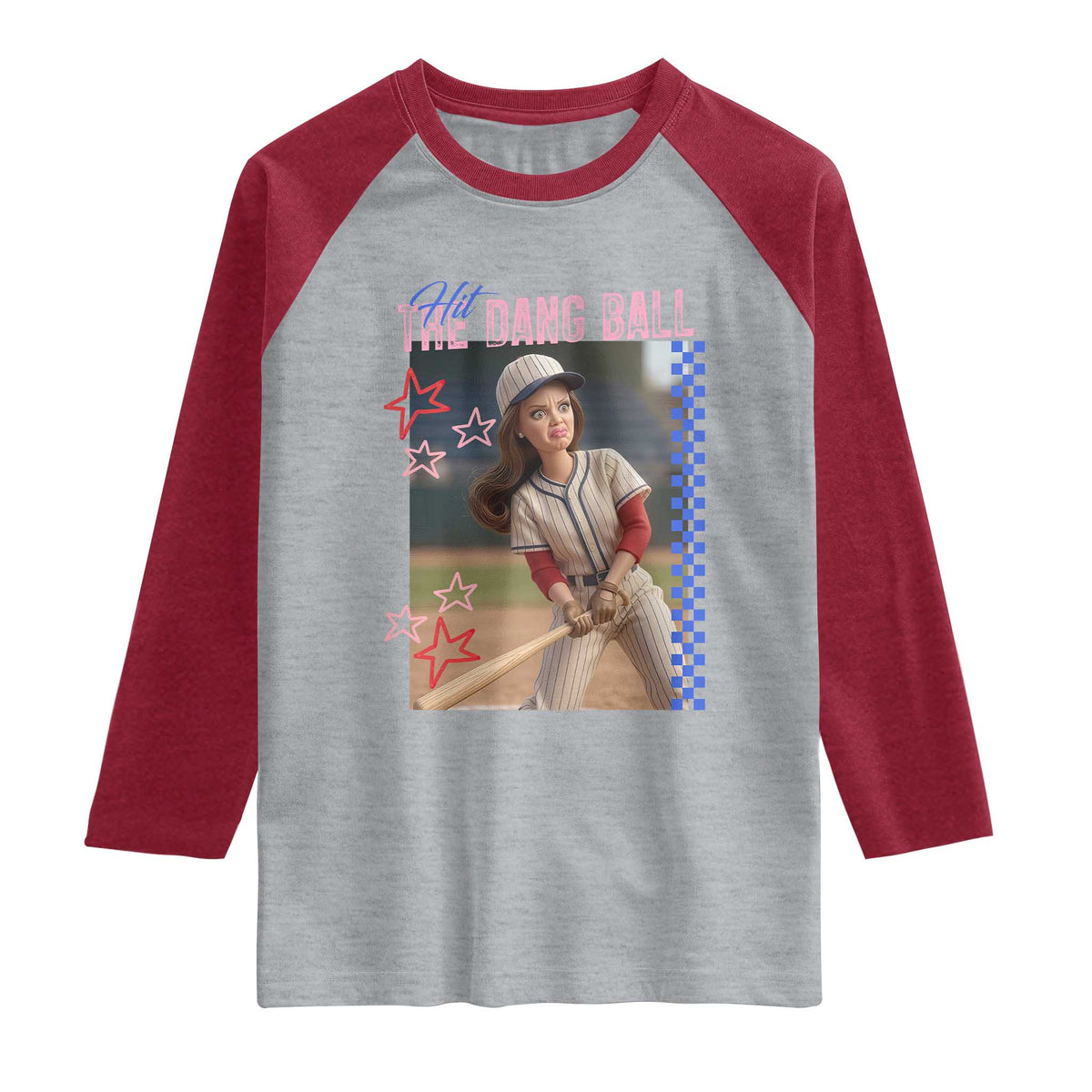 Hit The Dang Ball Funny Doll Baseball Graphic Raglan Shirt Sassy Sports Fan Gift TS02 Heather Gray Heather Red Print Your Wear