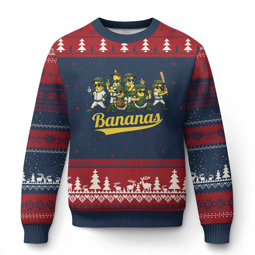 Cool Bananas Squad Playing Baseball Graphic Ugly Christmas Sweater for Sports Fans Entertainment TS02 Navy Red Print Your Wear