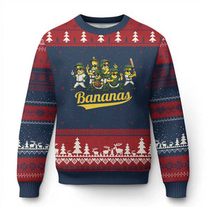 Cool Bananas Squad Playing Baseball Graphic Ugly Christmas Sweater for Sports Fans Entertainment TS02 Navy Red Print Your Wear