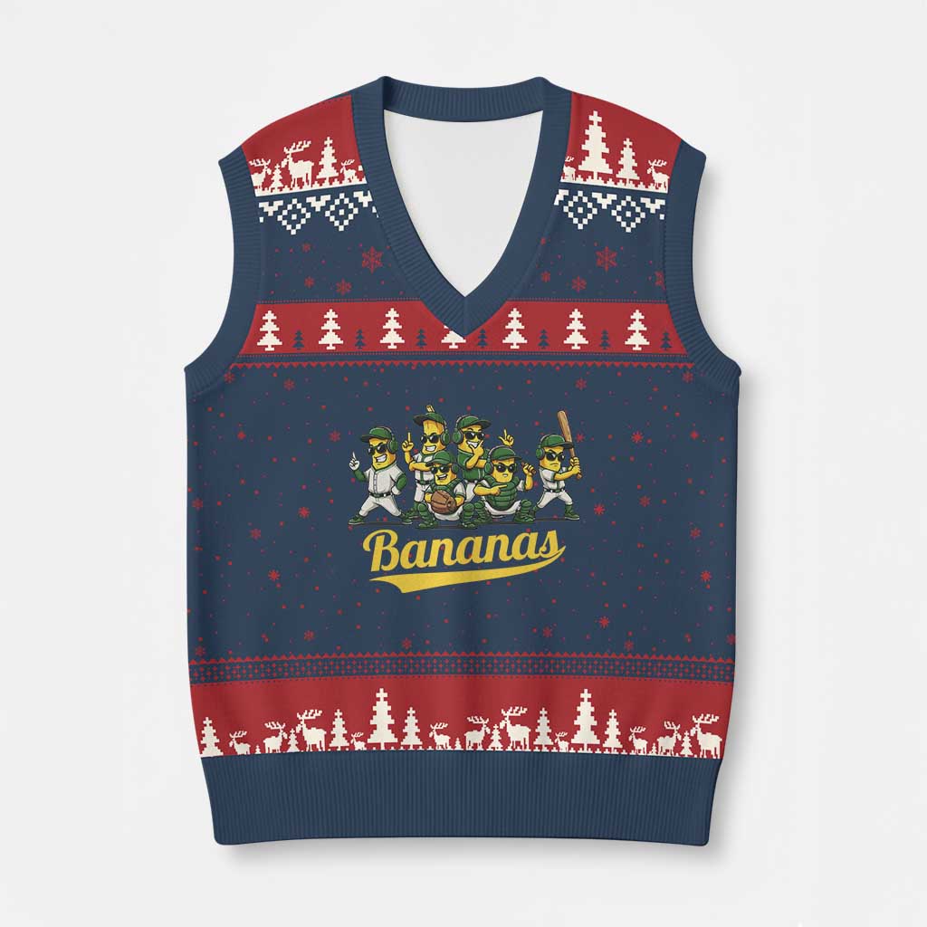 Cool Bananas Squad Playing Baseball Graphic V-Neck Knit Sweater Vest for Sports Fans Entertainment TS02 Navy Red Print Your Wear