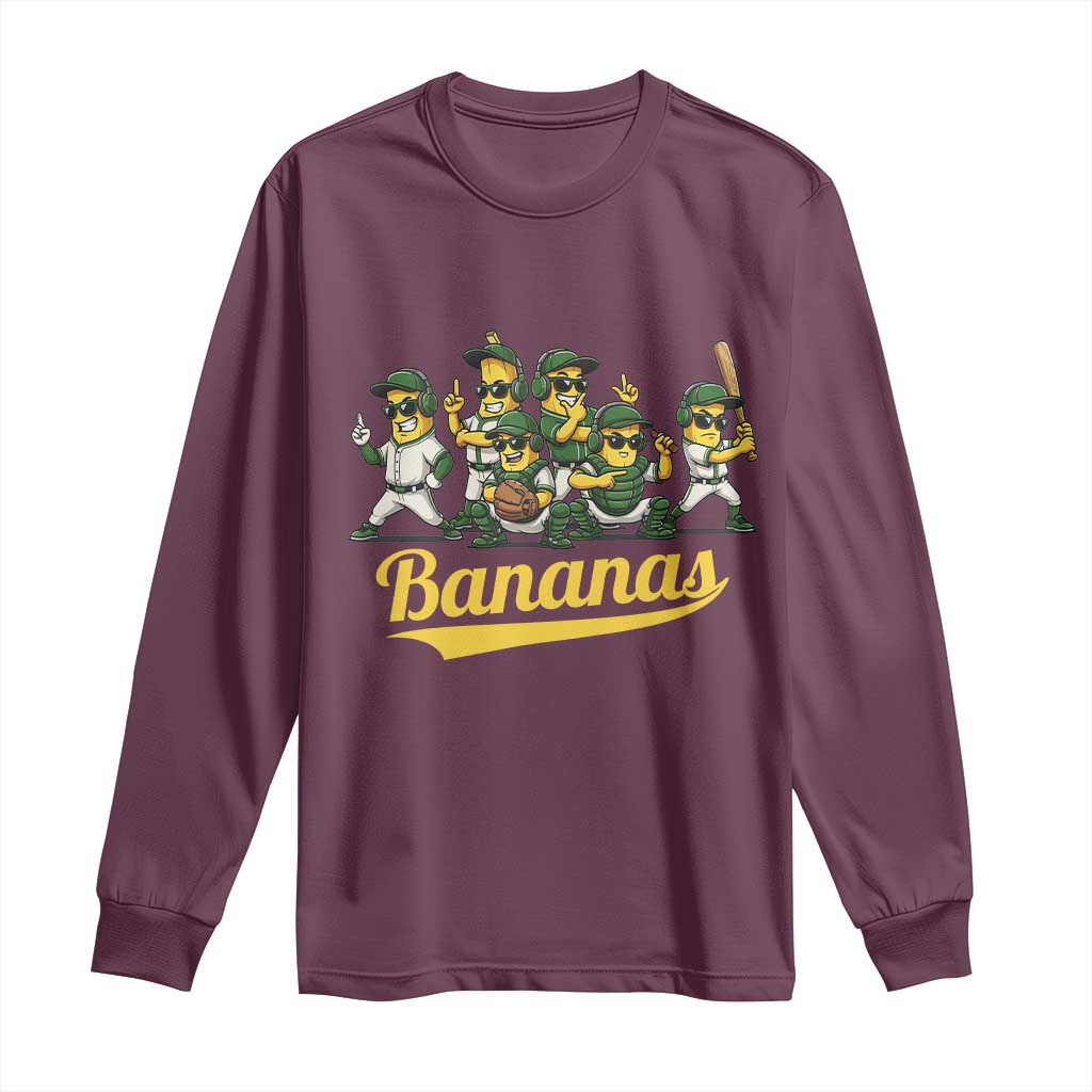 Cool Bananas Squad Playing Baseball Graphic Long Sleeve Shirt for Sports Fans Entertainment TS02 Maroon Print Your Wear