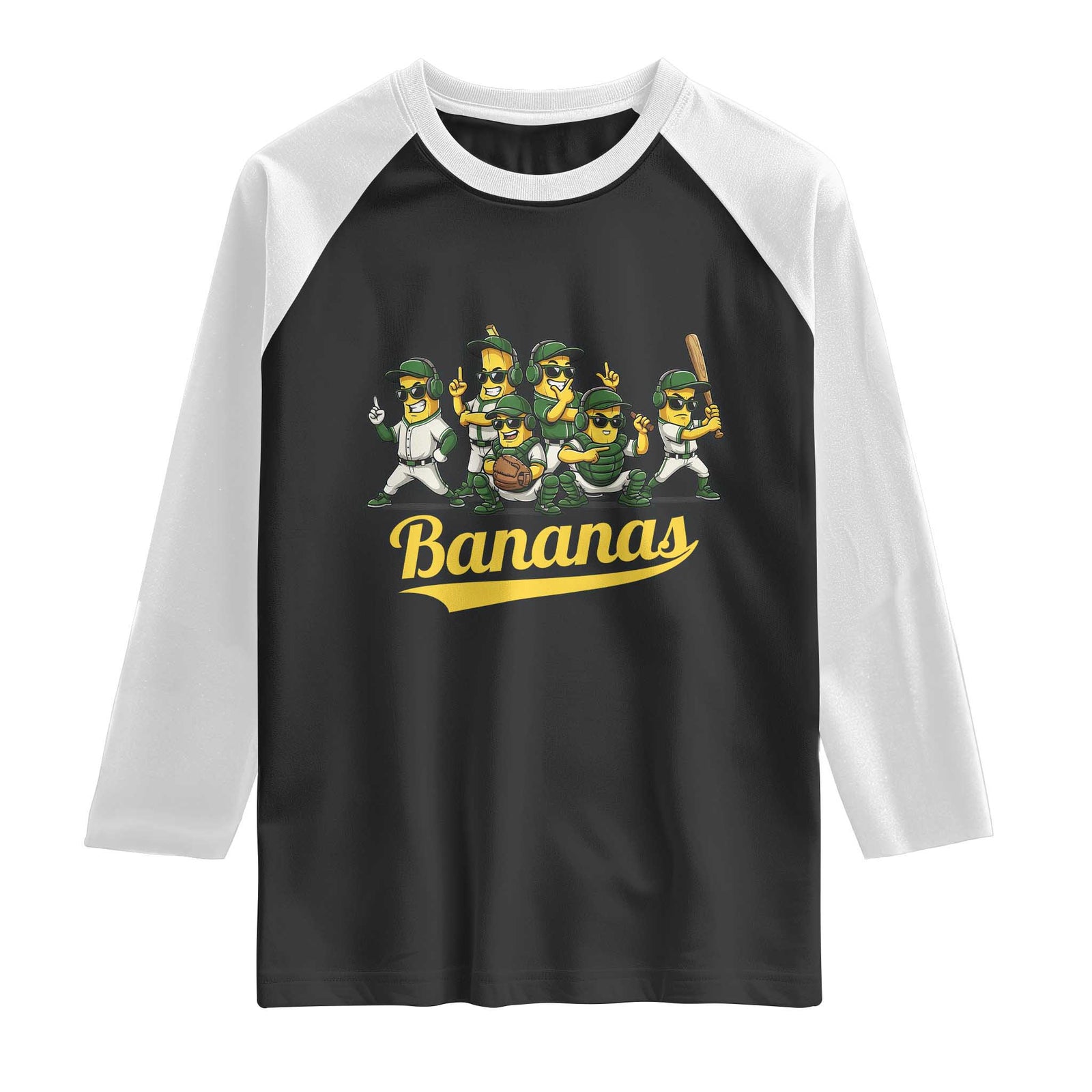 Cool Bananas Squad Playing Baseball Graphic Raglan Shirt for Sports Fans Entertainment TS02 Black White Print Your Wear