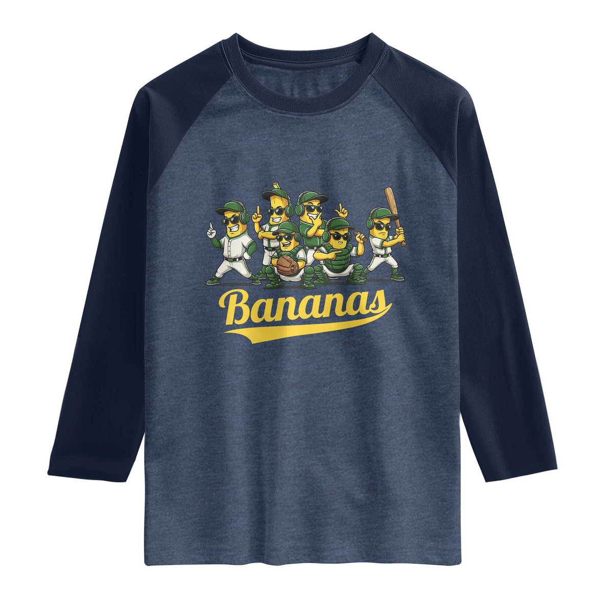 Cool Bananas Squad Playing Baseball Graphic Raglan Shirt for Sports Fans Entertainment TS02 Heather Denim Navy Print Your Wear