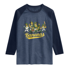 Cool Bananas Squad Playing Baseball Graphic Raglan Shirt for Sports Fans Entertainment TS02 Heather Denim Navy Print Your Wear