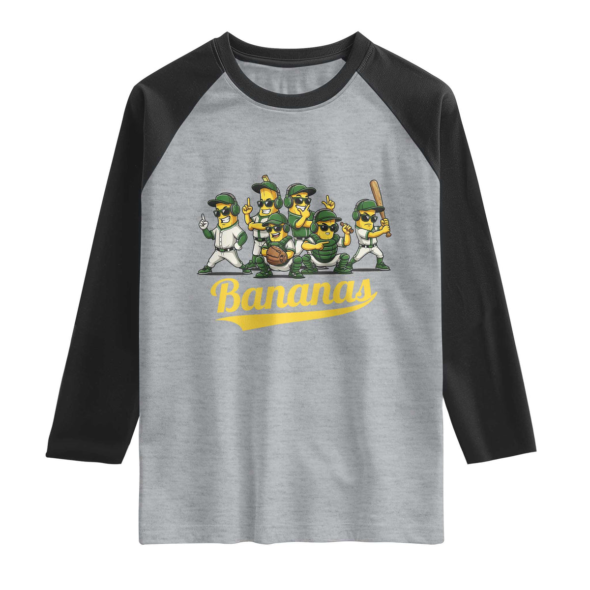 Cool Bananas Squad Playing Baseball Graphic Raglan Shirt for Sports Fans Entertainment TS02 Heather Gray Black Print Your Wear