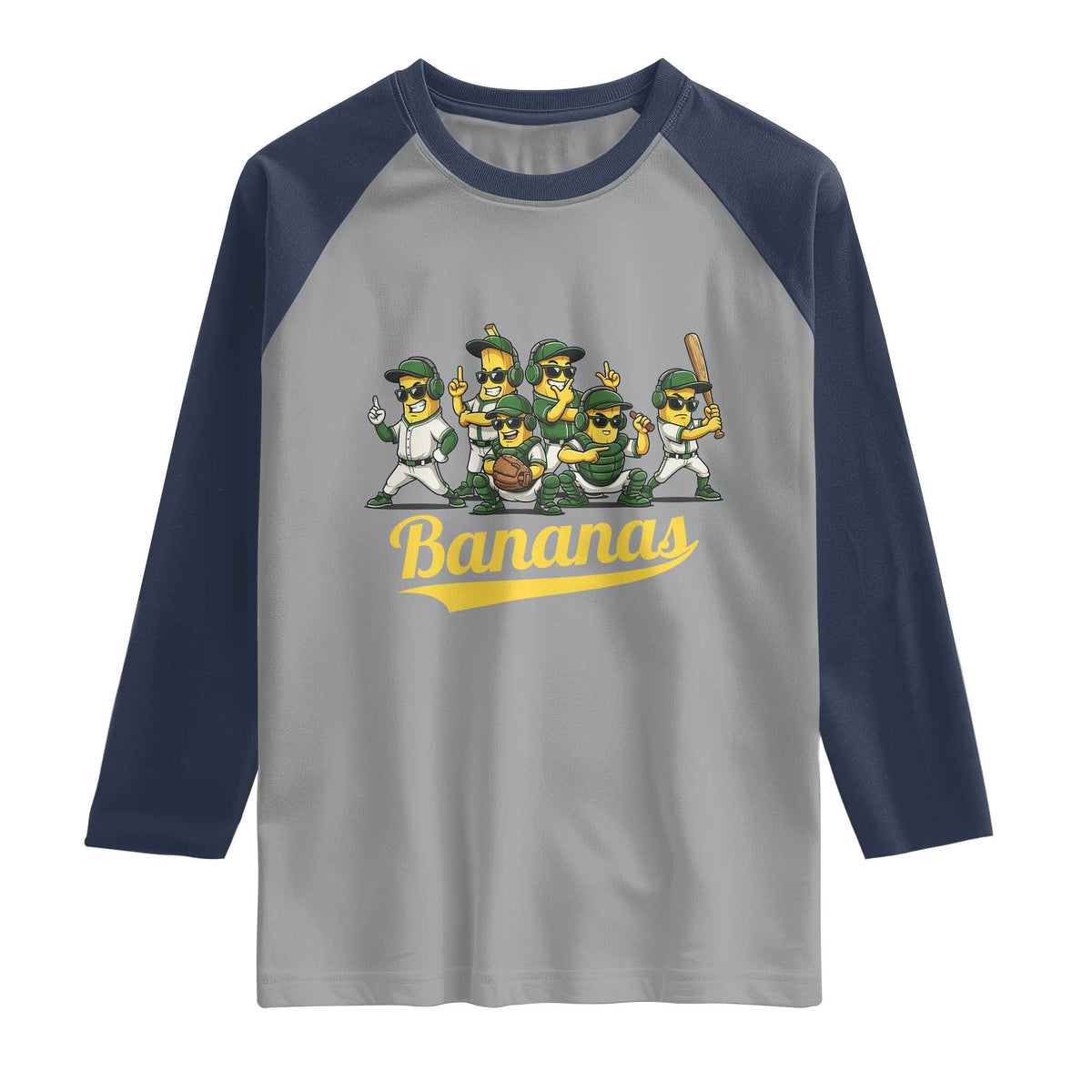 Cool Bananas Squad Playing Baseball Graphic Raglan Shirt for Sports Fans Entertainment TS02 Sport Gray Navy Print Your Wear