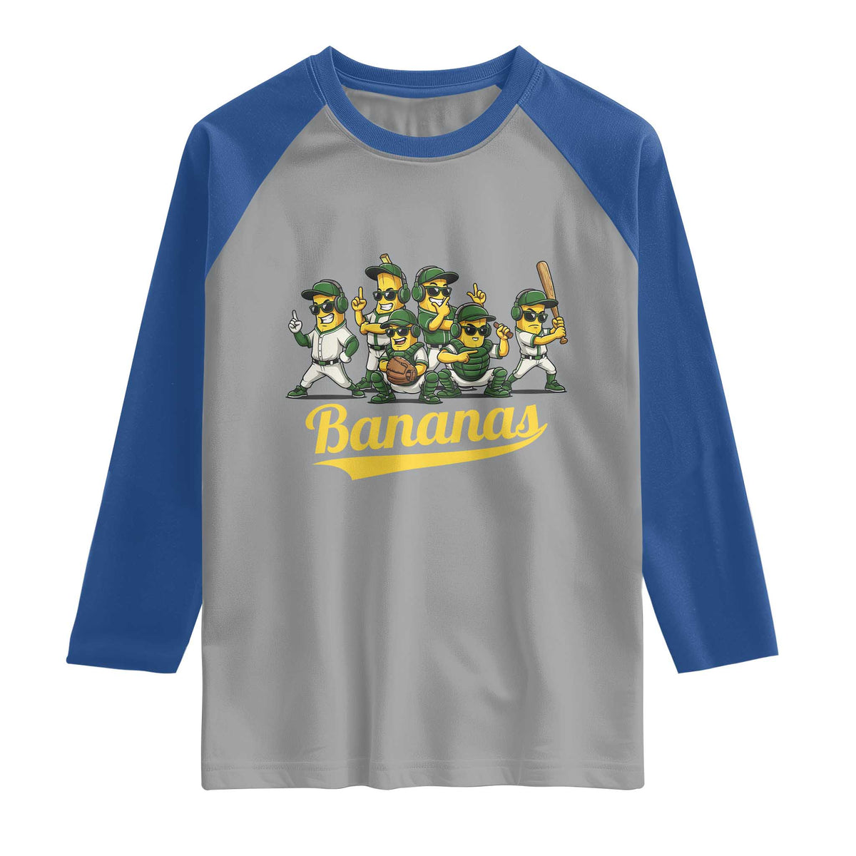 Cool Bananas Squad Playing Baseball Graphic Raglan Shirt for Sports Fans Entertainment TS02 Sport Gray Royal Print Your Wear
