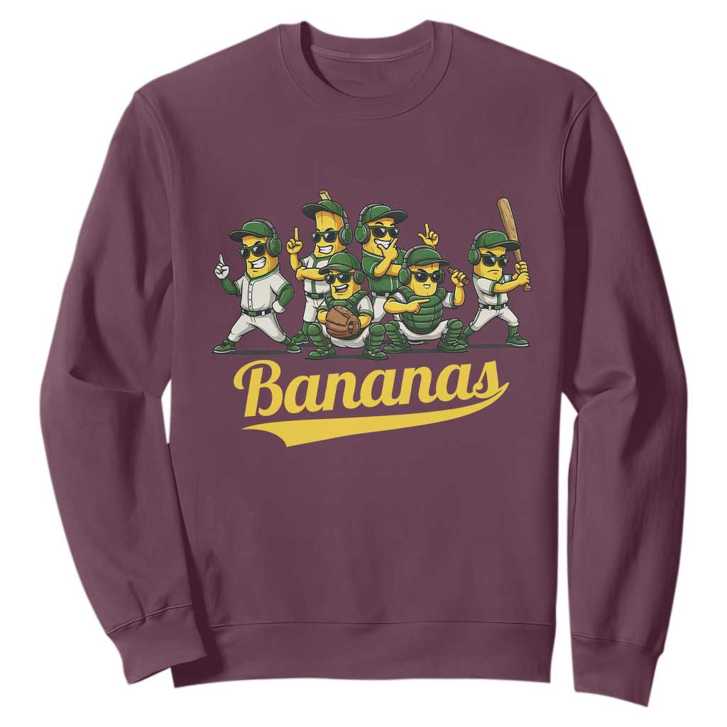 Cool Bananas Squad Playing Baseball Graphic Sweatshirt for Sports Fans Entertainment TS02 Maroon Print Your Wear