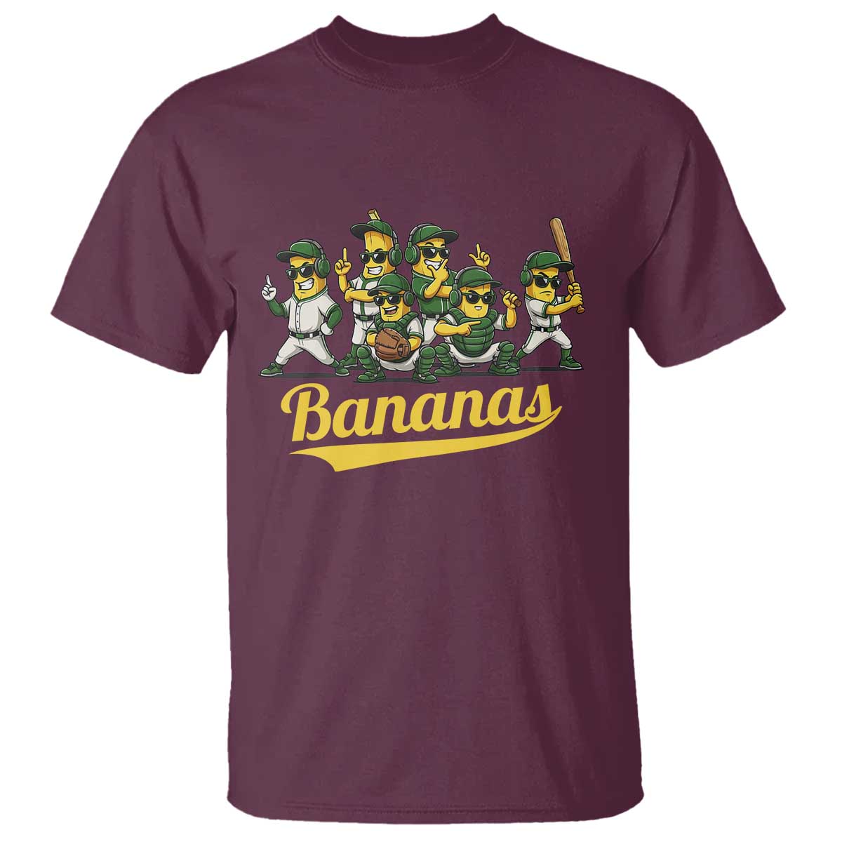 Cool Bananas Squad Playing Baseball Graphic T Shirt for Sports Fans Entertainment TS02 Maroon Print Your Wear