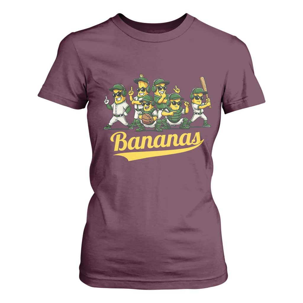Cool Bananas Squad Playing Baseball Graphic T Shirt For Women for Sports Fans Entertainment TS02 Maroon Print Your Wear
