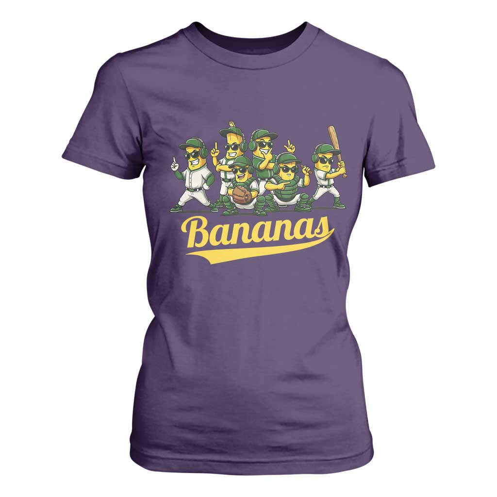 Cool Bananas Squad Playing Baseball Graphic T Shirt For Women for Sports Fans Entertainment TS02 Purple Print Your Wear
