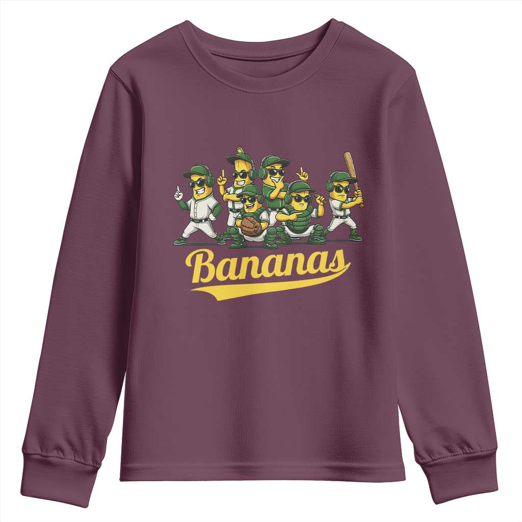 Cool Bananas Squad Playing Baseball Graphic Youth Sweatshirt for Sports Fans Entertainment TS02 Maroon Print Your Wear