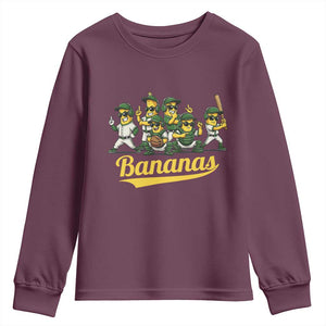 Cool Bananas Squad Playing Baseball Graphic Youth Sweatshirt for Sports Fans Entertainment TS02 Maroon Print Your Wear