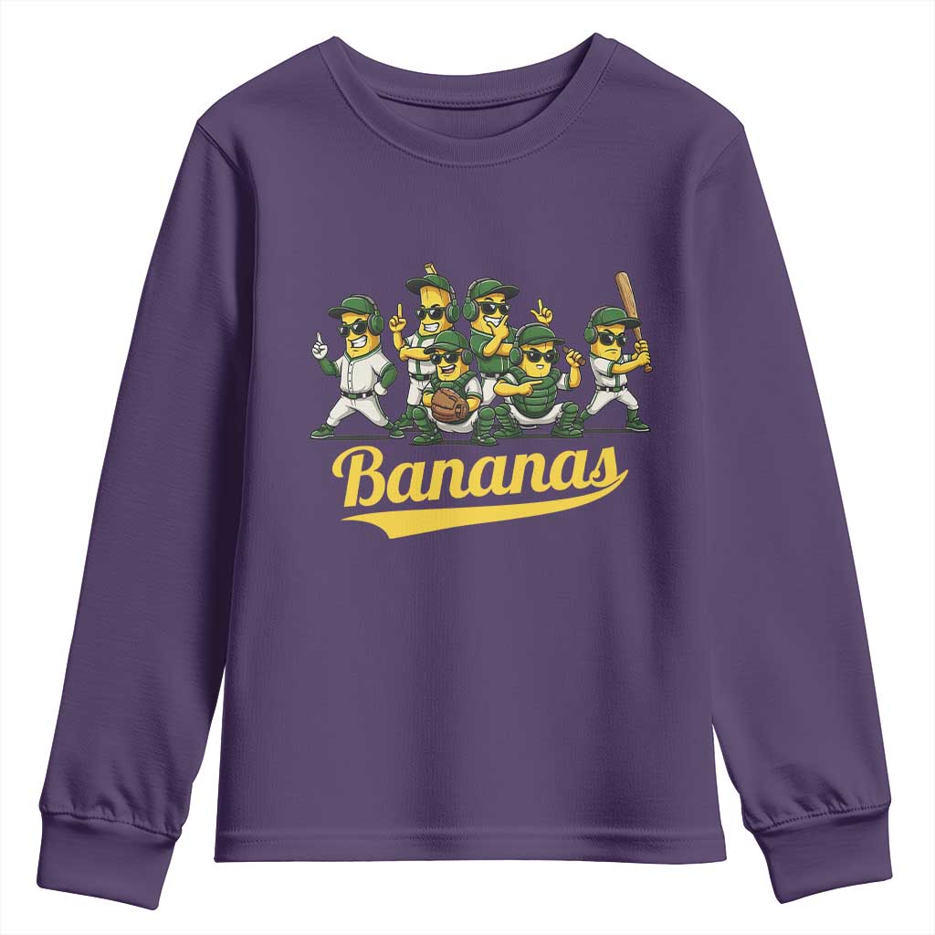 Cool Bananas Squad Playing Baseball Graphic Youth Sweatshirt for Sports Fans Entertainment TS02 Purple Print Your Wear