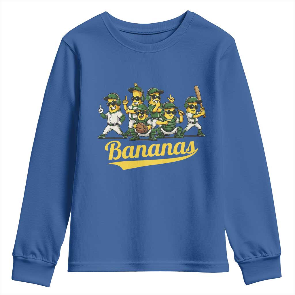 Cool Bananas Squad Playing Baseball Graphic Youth Sweatshirt for Sports Fans Entertainment TS02 Royal Blue Print Your Wear