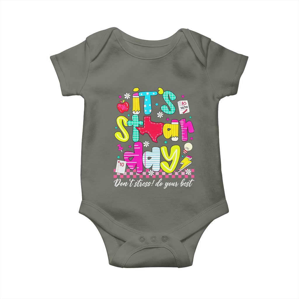 Groovy Texas STAAR Day Baby Onesie Don't Stress Do Your Best Teacher Student Motivation TS02 Military Green Print Your Wear