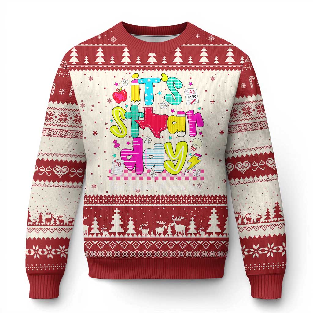 Groovy Texas STAAR Day Ugly Christmas Sweater Don't Stress Do Your Best Teacher Student Motivation TS02 Beige Red Print Your Wear