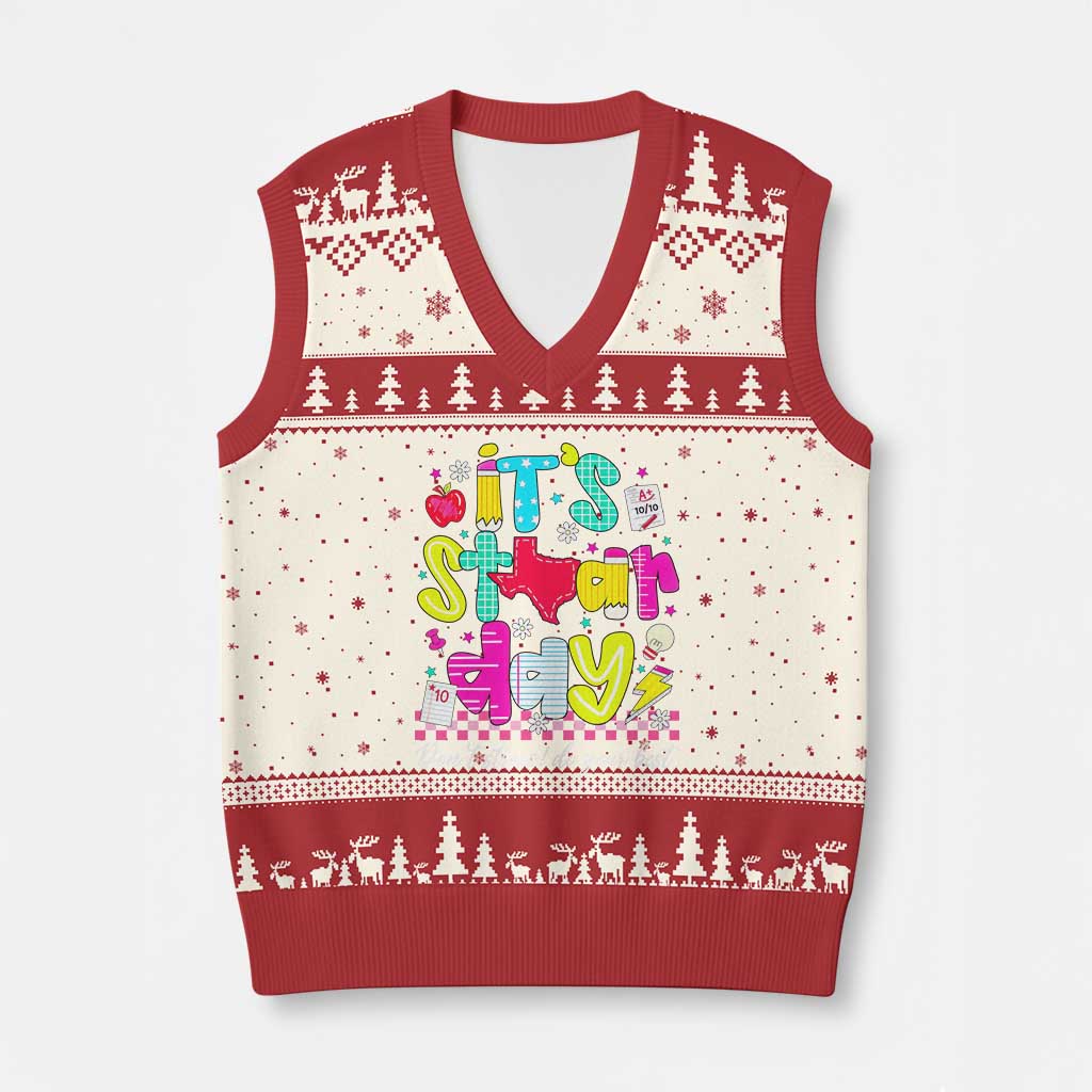 Groovy Texas STAAR Day V-Neck Knit Sweater Vest Don't Stress Do Your Best Teacher Student Motivation TS02 Beige Red Print Your Wear