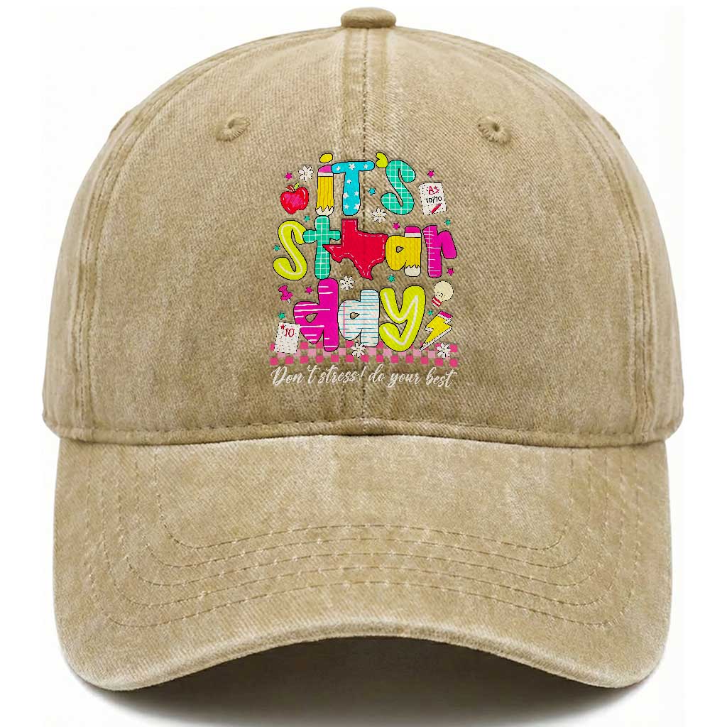 Groovy Texas STAAR Day Washed Cotton Baseball Cap Don't Stress Do Your Best Teacher Student Motivation TS02 Print Your Wear