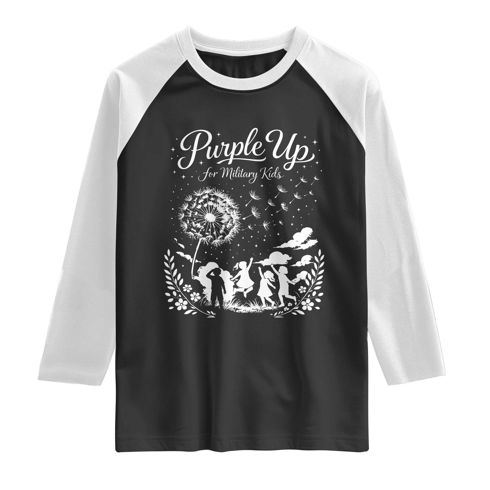 Purple Up For Military Kids Dandelion Inspirational Raglan Shirt Month of the Military Child Awareness Brat Support TS02 Black White Print Your Wear