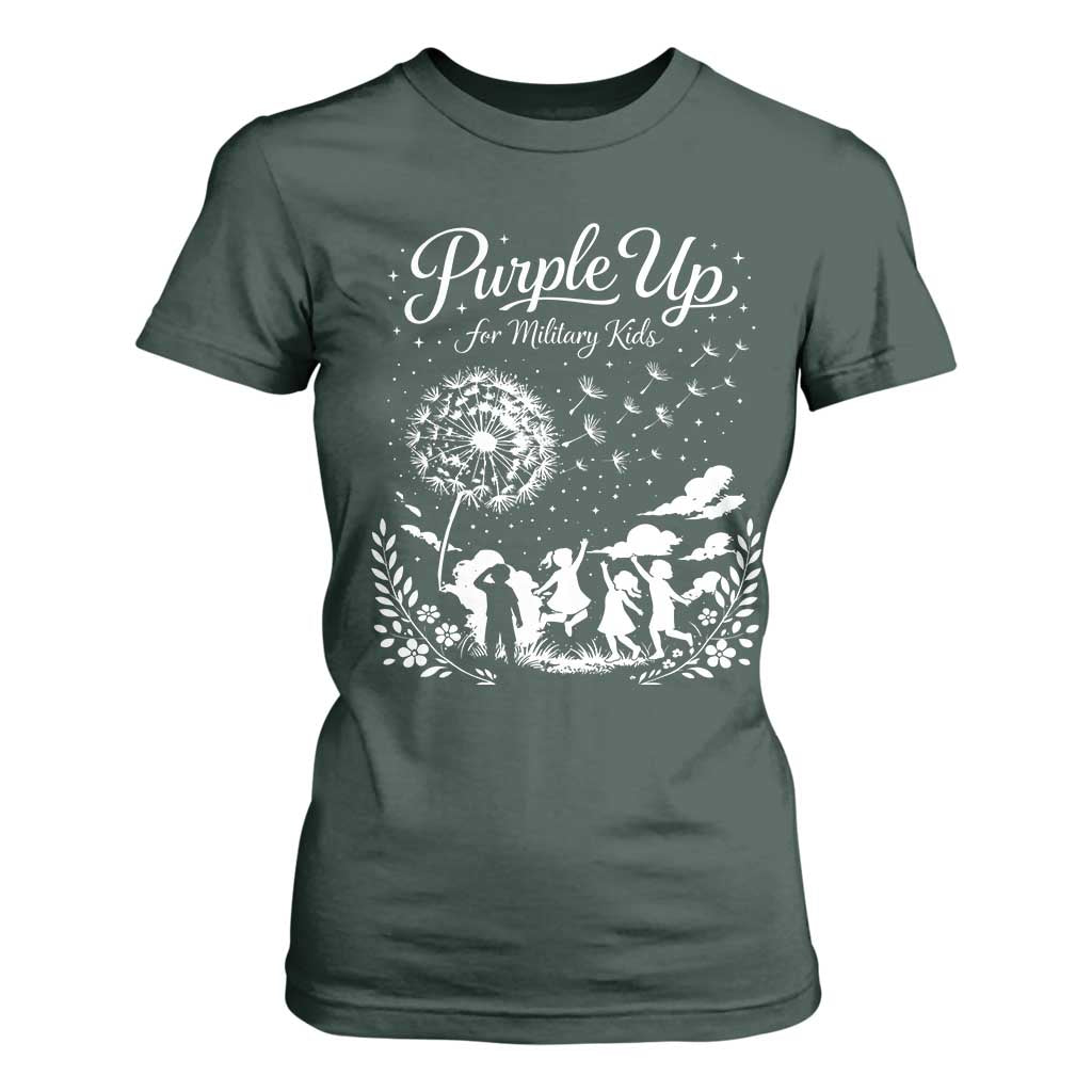 Purple Up For Military Kids Dandelion Inspirational T Shirt For Women Month of the Military Child Awareness Brat Support TS02 Dark Forest Green Print Your Wear
