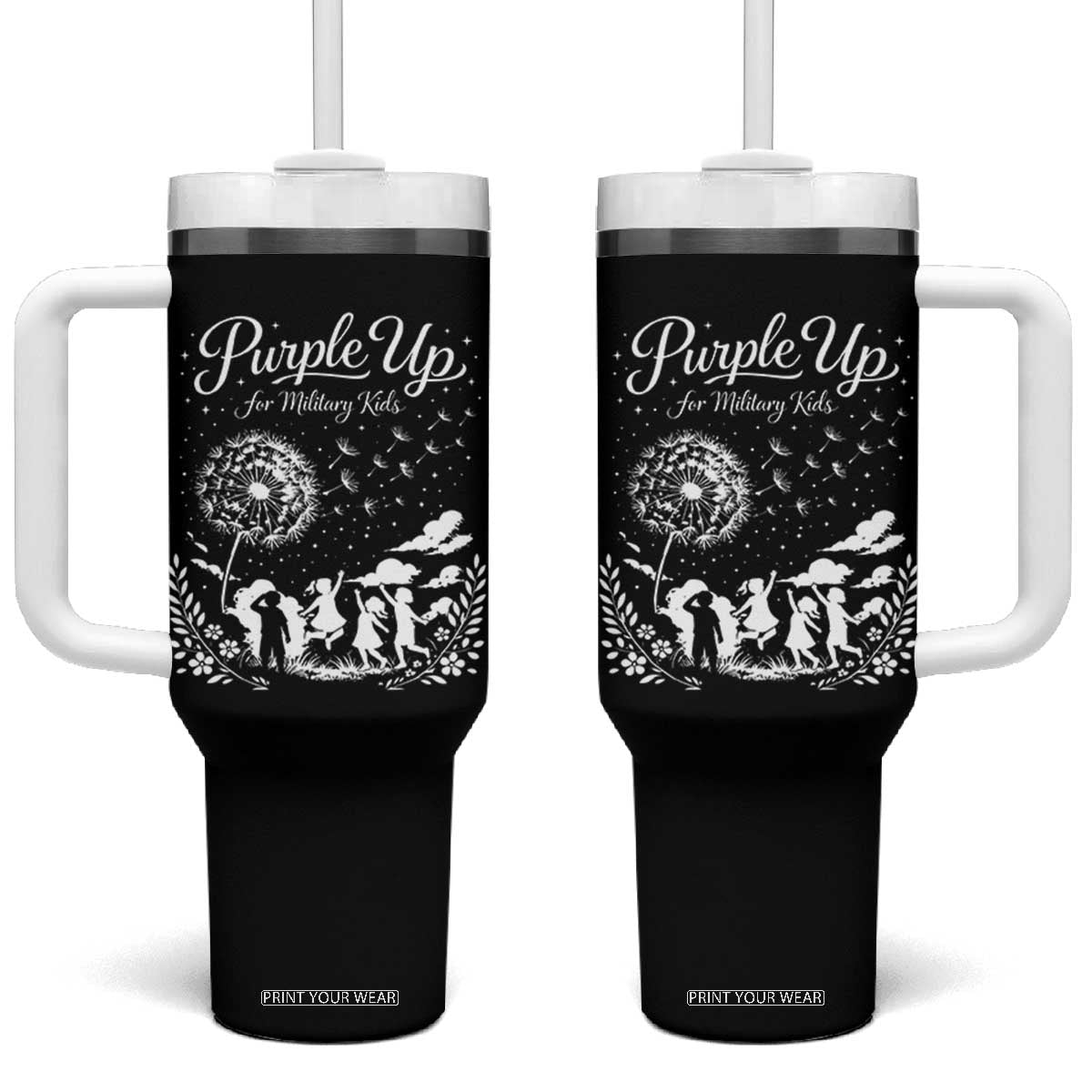 Purple Up For Military Kids Dandelion Inspirational Tumbler With Handle Month of the Military Child Awareness Brat Support TS02 One Size: 40 oz Black Print Your Wear