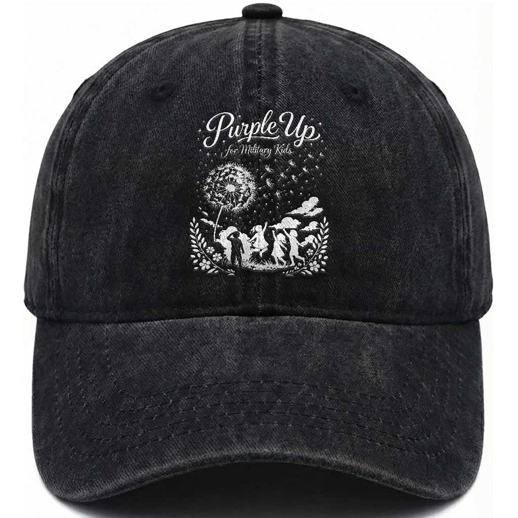 Purple Up For Military Kids Dandelion Inspirational Washed Cotton Baseball Cap Month of the Military Child Awareness Brat Support TS02 Print Your Wear