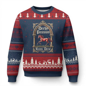 Derby Passion Runs Deep Elegant Horse Racing Ugly Christmas Sweater Vintage Gothic Arch Equestrian Thoroughbred Lover TS02 Navy Red Print Your Wear