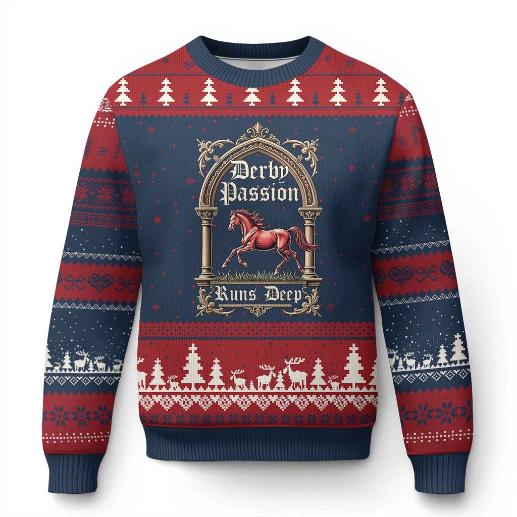 Derby Passion Runs Deep Elegant Horse Racing Ugly Christmas Sweater Vintage Gothic Arch Equestrian Thoroughbred Lover TS02 Navy Red Print Your Wear