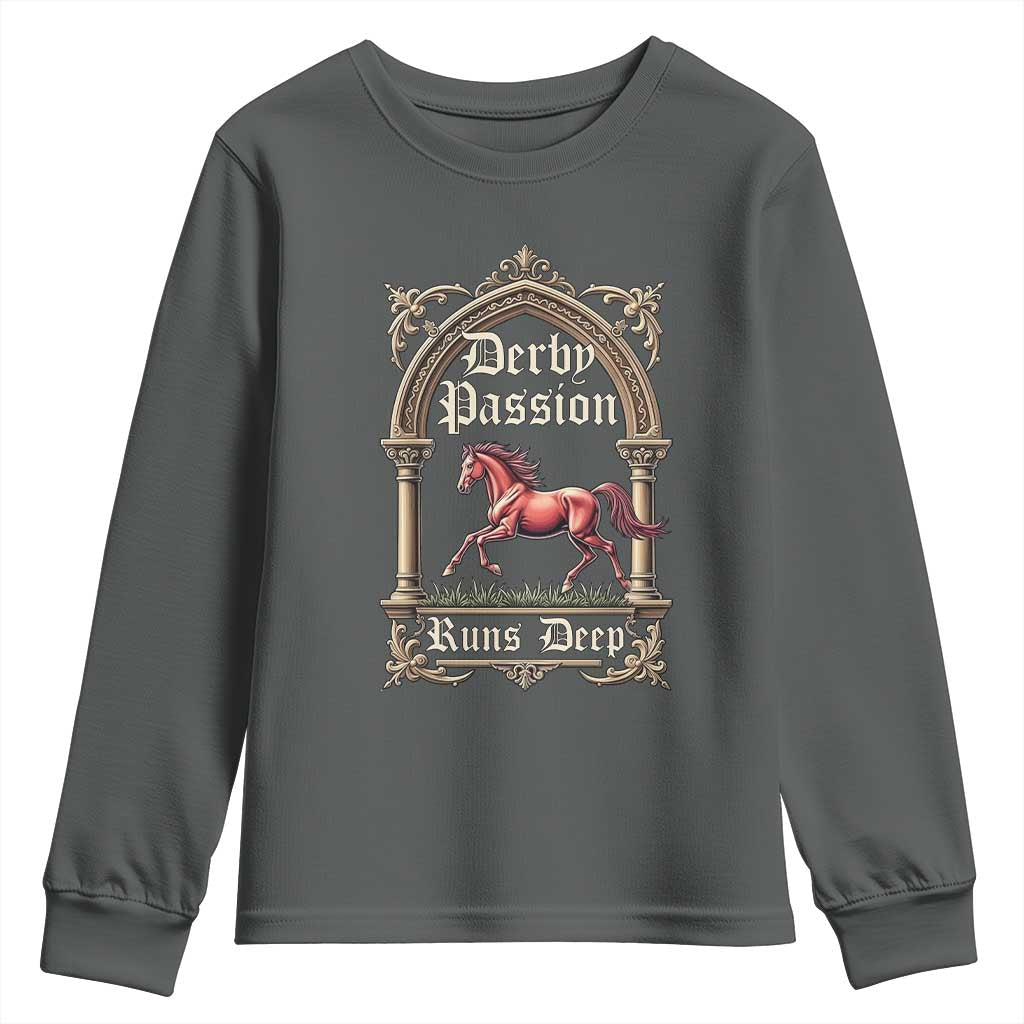 Derby Passion Runs Deep Elegant Horse Racing Youth Sweatshirt Vintage Gothic Arch Equestrian Thoroughbred Lover TS02 Dark Heather Print Your Wear