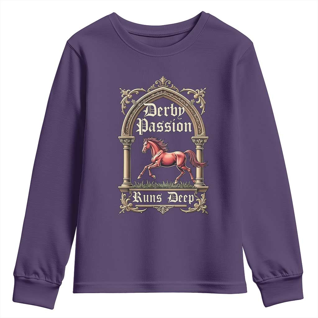 Derby Passion Runs Deep Elegant Horse Racing Youth Sweatshirt Vintage Gothic Arch Equestrian Thoroughbred Lover TS02 Purple Print Your Wear