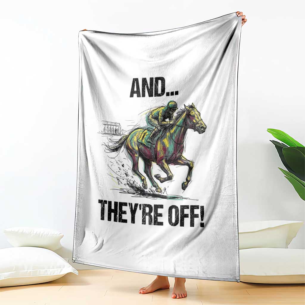 And They’re Off Colorful Horse Racing Sketch Throw Blanket Jockey and Thoroughbred Sprinting Race Day TS02 Print Your Wear