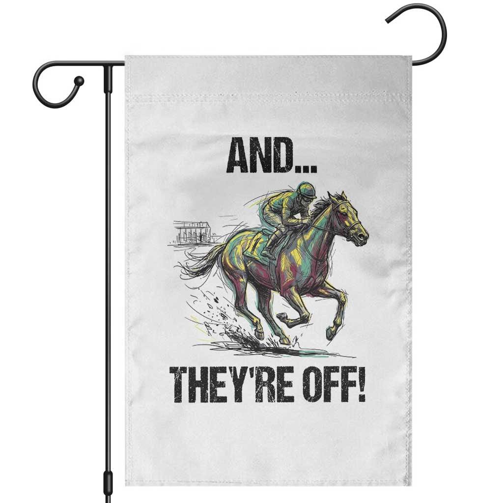 And They’re Off Colorful Horse Racing Sketch Garden Flag Jockey and Thoroughbred Sprinting Race Day TS02 White Print Your Wear